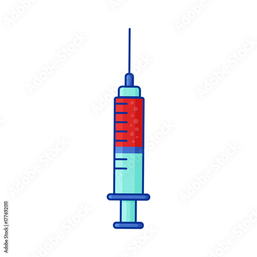Vector syringe icon with red blood for injection