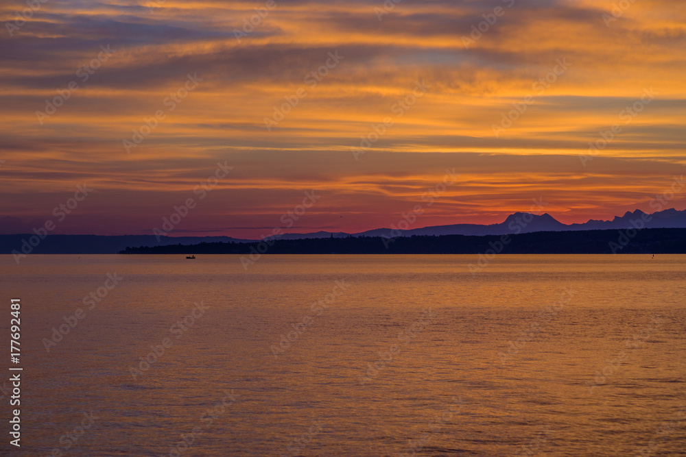 Beautiful sunrise at the lake Geneva Switzerland