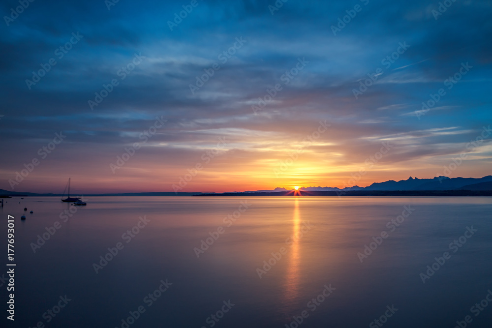 Beautiful sunrise at the lake Geneva Switzerland