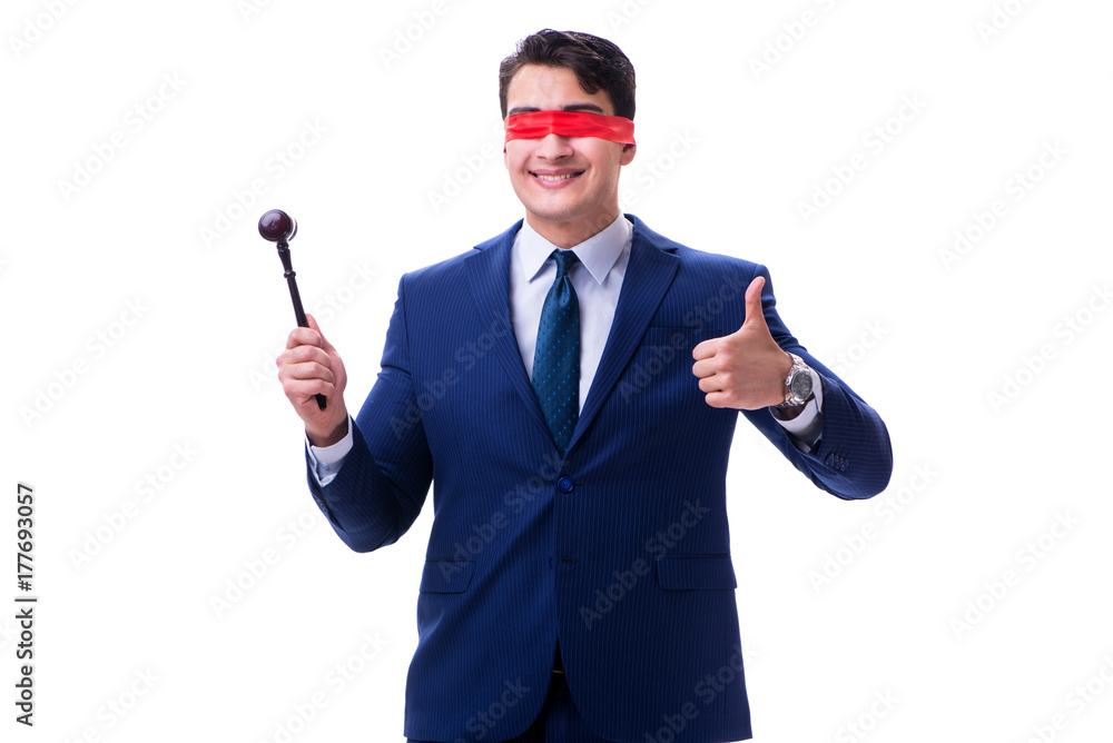 Lawyer with blindfold holding a gavel isolated on white Lawyer with blindfold holding a gavel isolated on white