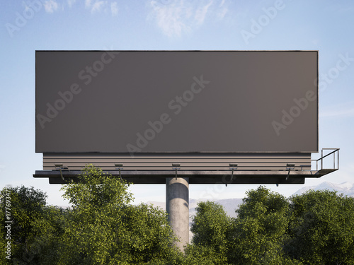 Black billboard among trees against. 3d rendering