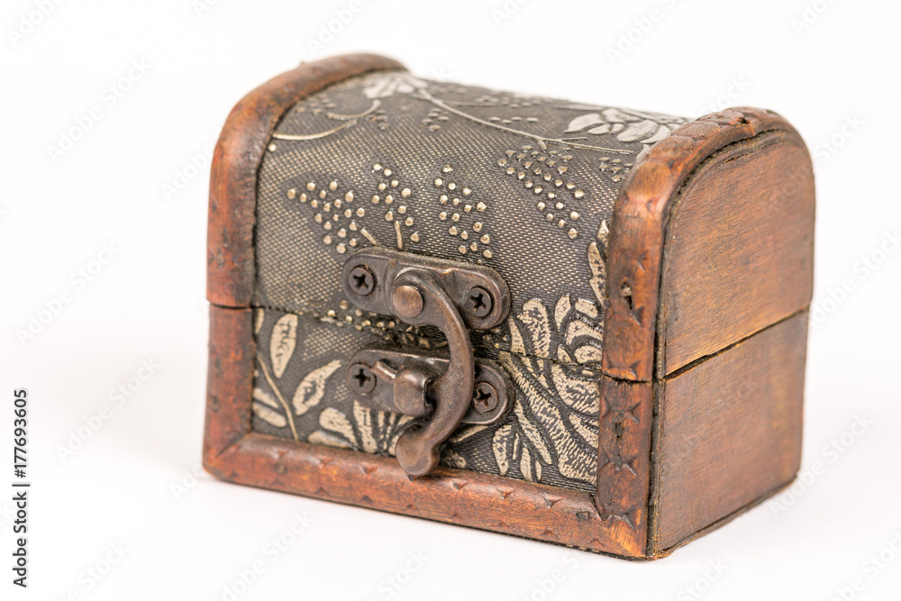 Antique rustic brown wooden coffin isolated above white background Antique rustic brown wooden coffin isolated above white background