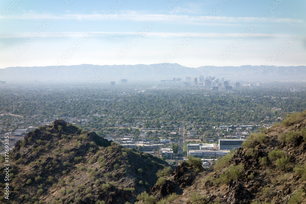 Greater Phoenix Metro area also known as Arizona Valley of the Sun viewed from North Mountain Park hiking trails