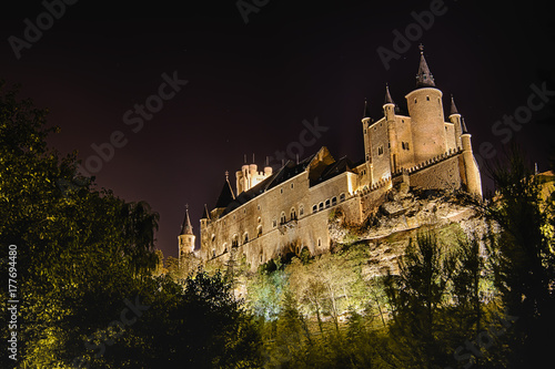 Long exposure of Segovia Alcazar in Spain with the only illumination of street lights. In 1985 the old city of Segovia and its Aqueduct were declared World Heritage Site