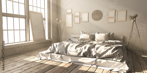 Minimalistik bedroom layout in loft style in the rays of sunlight. photo