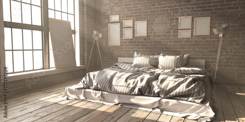 Minimalistik bedroom layout in loft style in the rays of sunlight.