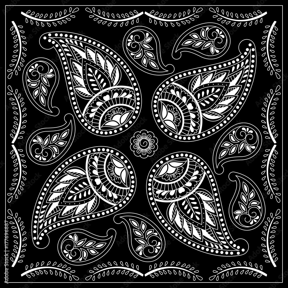 Black and white bandana print with paisley. Square pattern design for  pillow, carpet, rug. Design for silk neck scarf, kerchief, hanky Stock  Vector | Adobe Stock