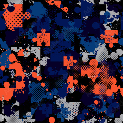 Abstract seamless puzzle pattern for girls, boys, clothes, sportswear. Creative vector background with puzzle, square, splash, dots.Funny wallpaper for textile and fabric.Fashion style.