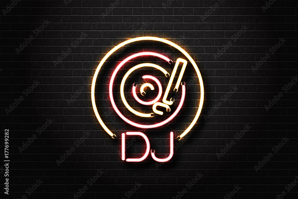 Vector realistic isolated neon sign of dj logo with vinyl for decoration  and covering on the wall background. Concept of music, dj and live concert.  Stock Vector | Adobe Stock