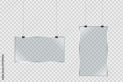 Vector set of isolated realistic hanging glass billboards on the transparent background for decoration and covering.