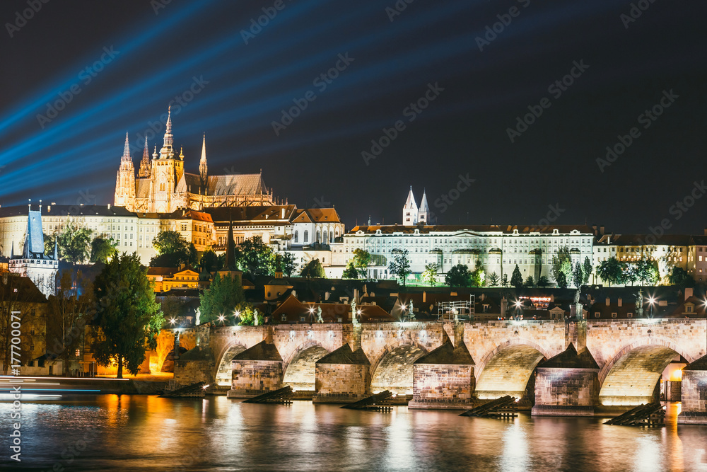  Night view of historical center of Prague with castle, Hradcany, Czech Republic