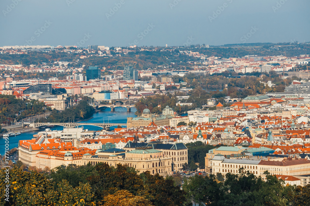 Fototapeta premium aerial view of old town in Prague, Czech republic, red tile roofs