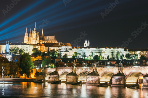  Night view of historical center of Prague with castle, Hradcany, Czech Republic