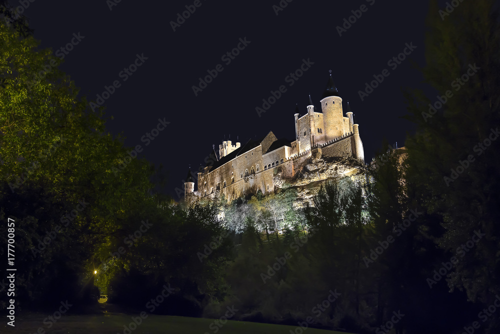 Long exposure of Segovia Alcazar in Spain with the only illumination of street lights. In 1985 the old city of Segovia and its Aqueduct were declared World Heritage Site