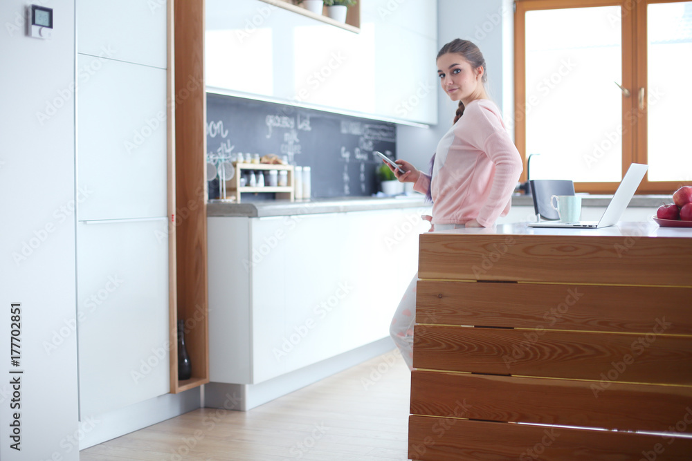 Woman using mobile phone standing in modern kitchen. Woman using mobile phone standing in modern kitchen.