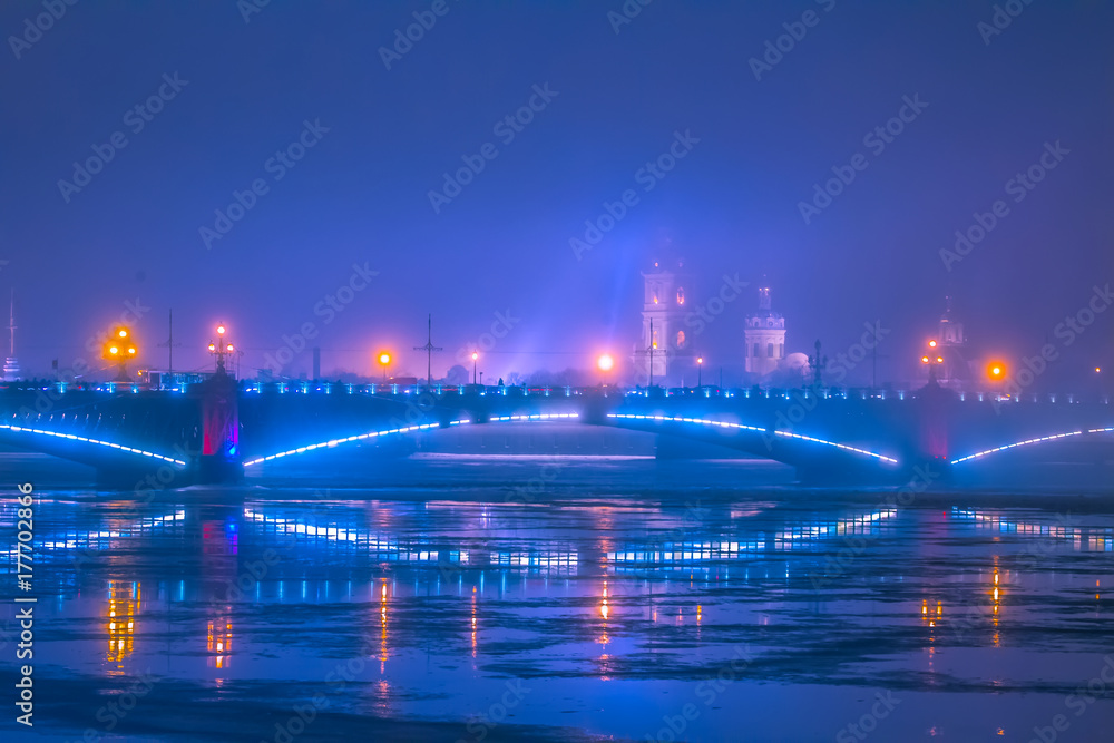 Fog over the Peter and Paul Fortress. Russia. Evening Petersburg. The Neva River in St. Petersburg.
