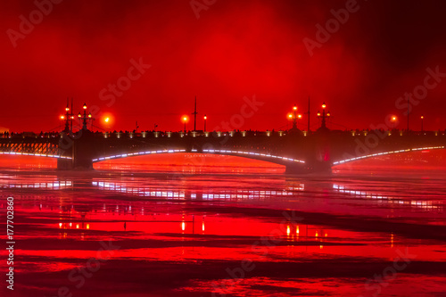 Russia. Fog in St. Petersburg. The bridge in the fog. Night city. Neva River.