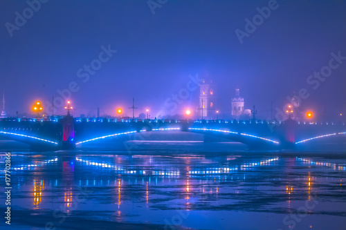 Fog over the Peter and Paul Fortress. Russia. Evening Petersburg. The Neva River in St. Petersburg.