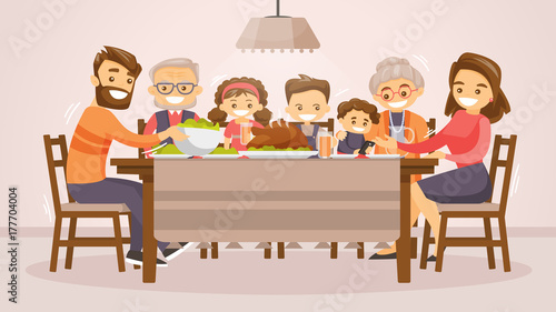 Christmas and Thanksgiving inspired winter Holiday card with caucasian family celebrating Thanksgiving at the table. Vector flat design family Holiday weekend illustration for poster, card, banner.