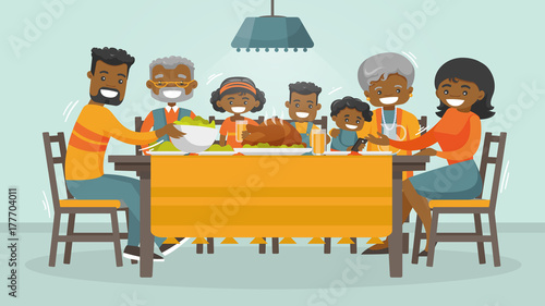 Christmas and Thanksgiving inspired winter Holiday card with african family enjoying Thanksgiving turkey at the table. Vector flat design family Holiday weekend illustration for poster, card, banner.