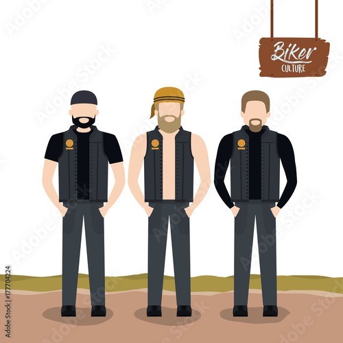 biker culture poster with standing men motorcyclists with beards and leather jackets