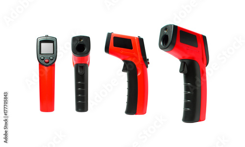 Infrared thermometer tools are many view used measuring temperature in a working job on industry factory and general worked, Tools isolated on white background, Electronic tools concept.