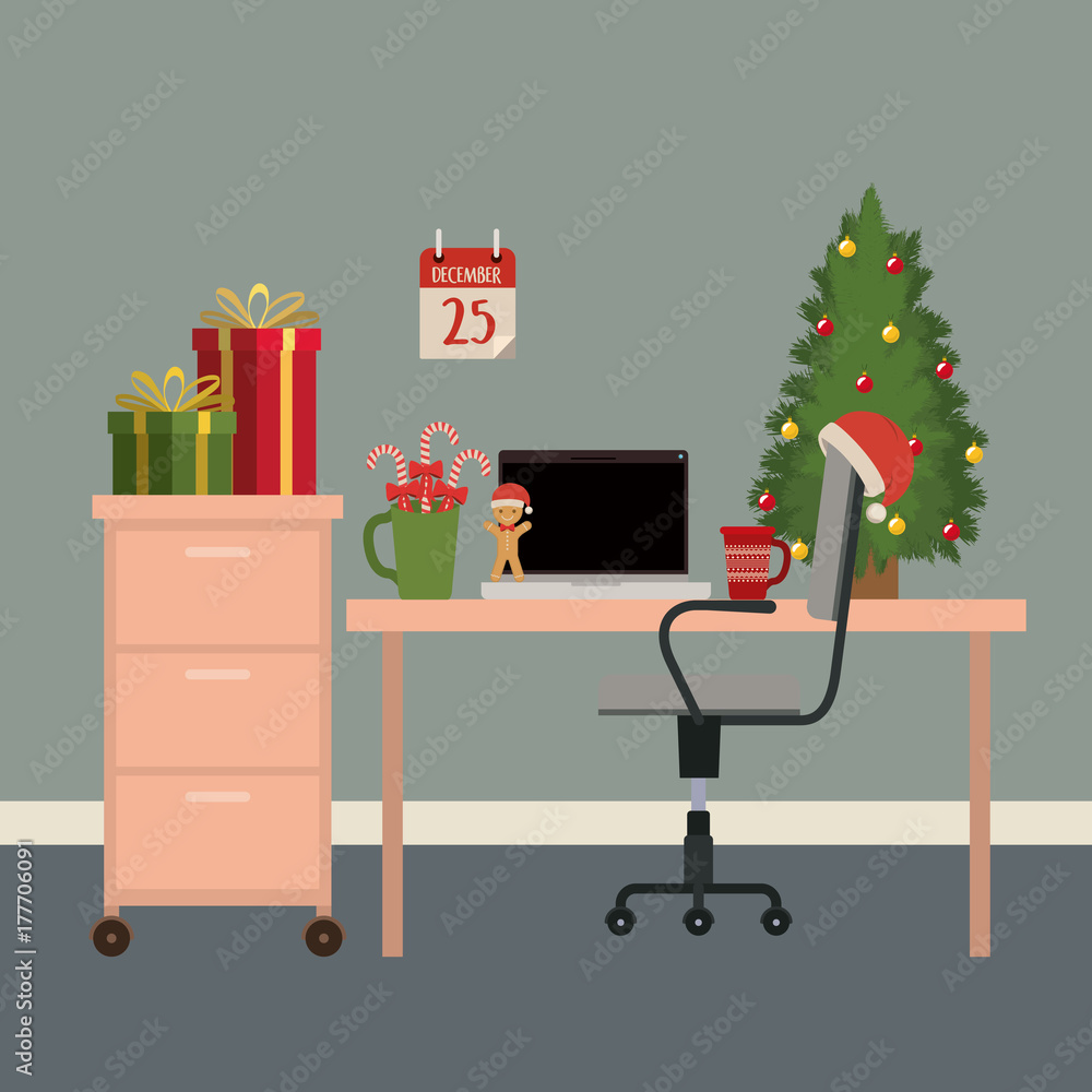 christmas office workplace scene with christmas tree and gifts and wall in gray color
