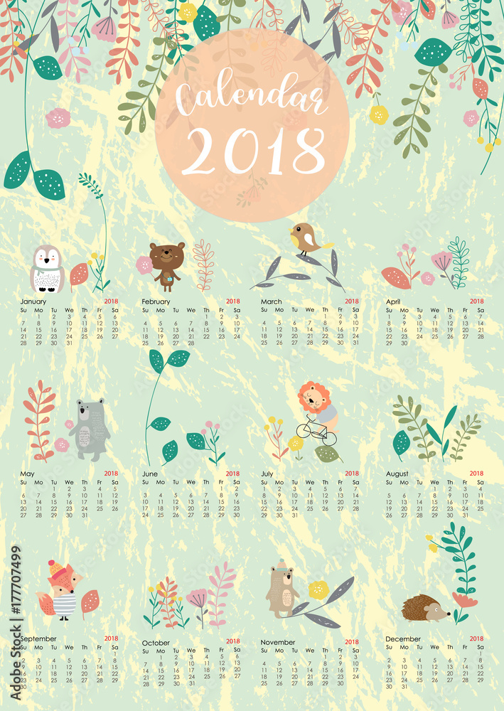 Fototapeta premium Colorful cute monthly calendar 2018 with wild,fox,bear,leaf,stump,flower,penguin and porcupine.Can be used for web,banner,poster,label and printable