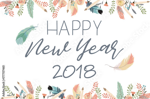 Happy new year greeting card with leaf,flower and feather in boho style