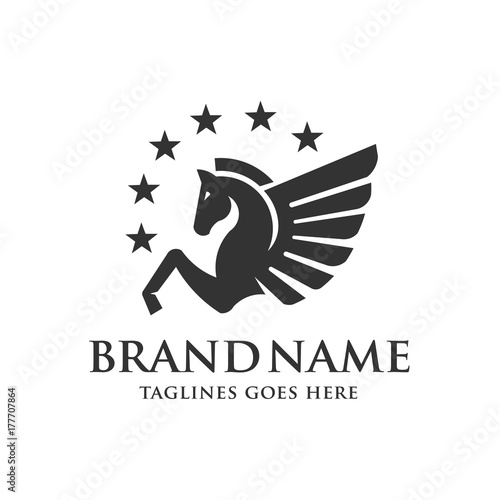 Winged Pegasus with stars logo vector illustration. Stylized Pegasus mythical creature silhouette, horse winged logo vector,
