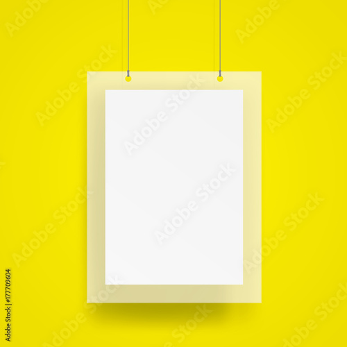 Blank Hanging poster and frame with wire mockup vector on yellow background. Mockup concept