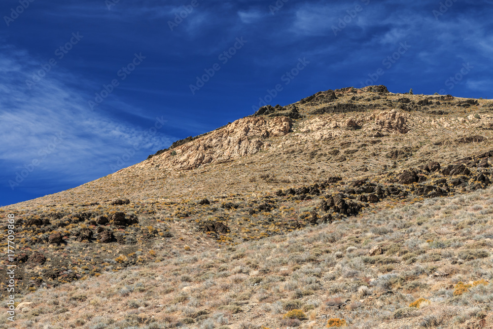 A desert landscape with sage and rocky cliffs stand in front of a blue sky with wispy clouds
