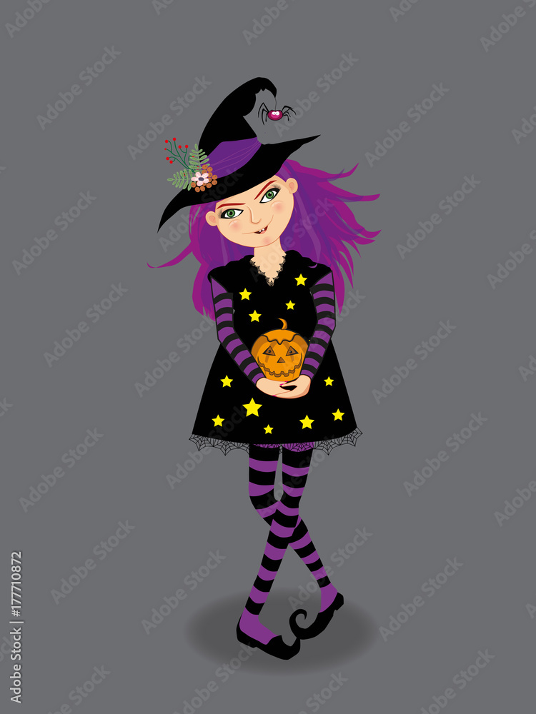 Halloween vector illustration of young witch with purple hair and green eyes holding pumpkin isolated on grey background. Cute cartoon witch vector illustration, clip art.