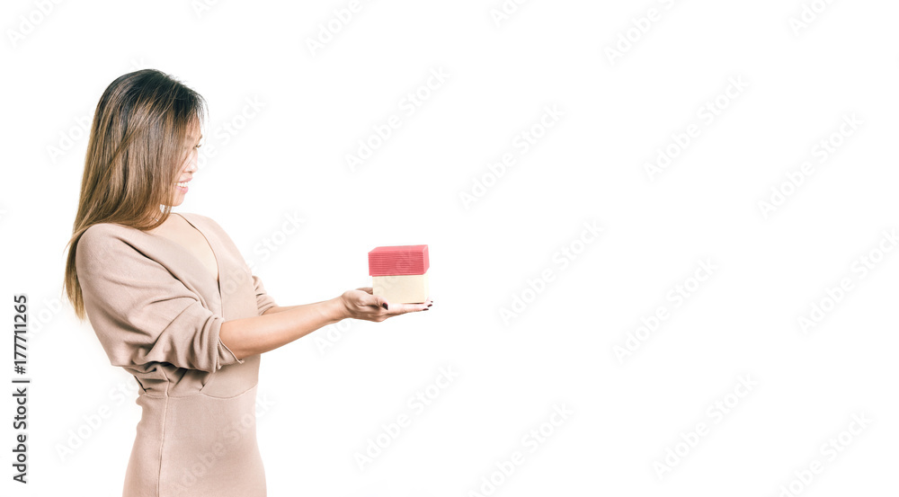 Beautiful Woman Present a Gift to Someone in Party on White Background with Copy Space Beautiful Woman Present a Gift to Someone in Party on White Background with Copy Space