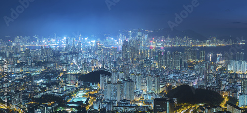 Canvas Print Panorama of aerial view of Hong Kong city at night