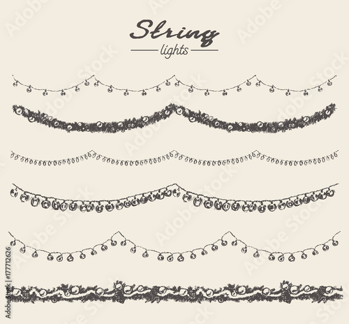 Set drawn string lights garlands design vector