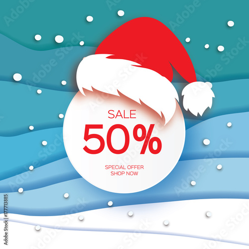 Merry Christmas Big Sale for Promotion. Paper cut Snowflakes and Red Santa Hat. Origami carving Decorations. Happy New Year. Snowfall Text. Landscape. Blue background. Vector
