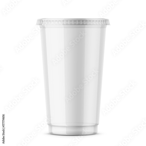 Clear disposable plastic cup with lid.