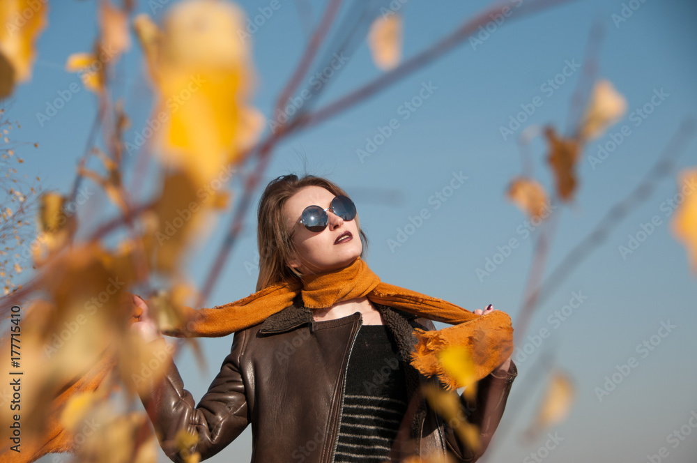 girl on a background of nature sky and yellow leaves in autumn girl on a background of nature sky and yellow leaves in autumn
