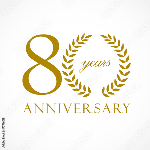 80 years old luxurious logotype. Congratulating 80th, 8th numbers, letter O as circle palms tree, cup template. Isolated sign greetings symbol, celebrating traditional decorative retro style ear.