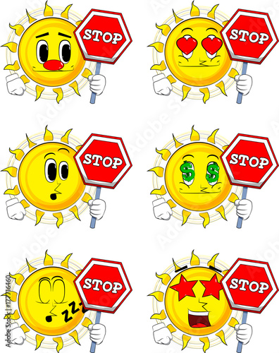Cartoon sun holding a stop sign. Collection with various facial expressions. Vector set.