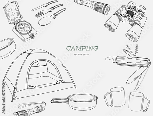Set of hand drawn camping equipment drawing vector.