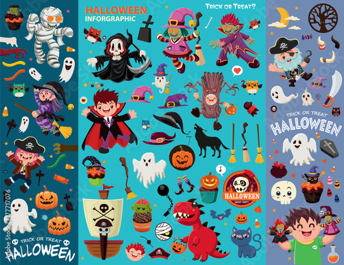 Vintage Halloween poster design with ghost, witch, vampire, mummy, reaper, zombie, pirate character.