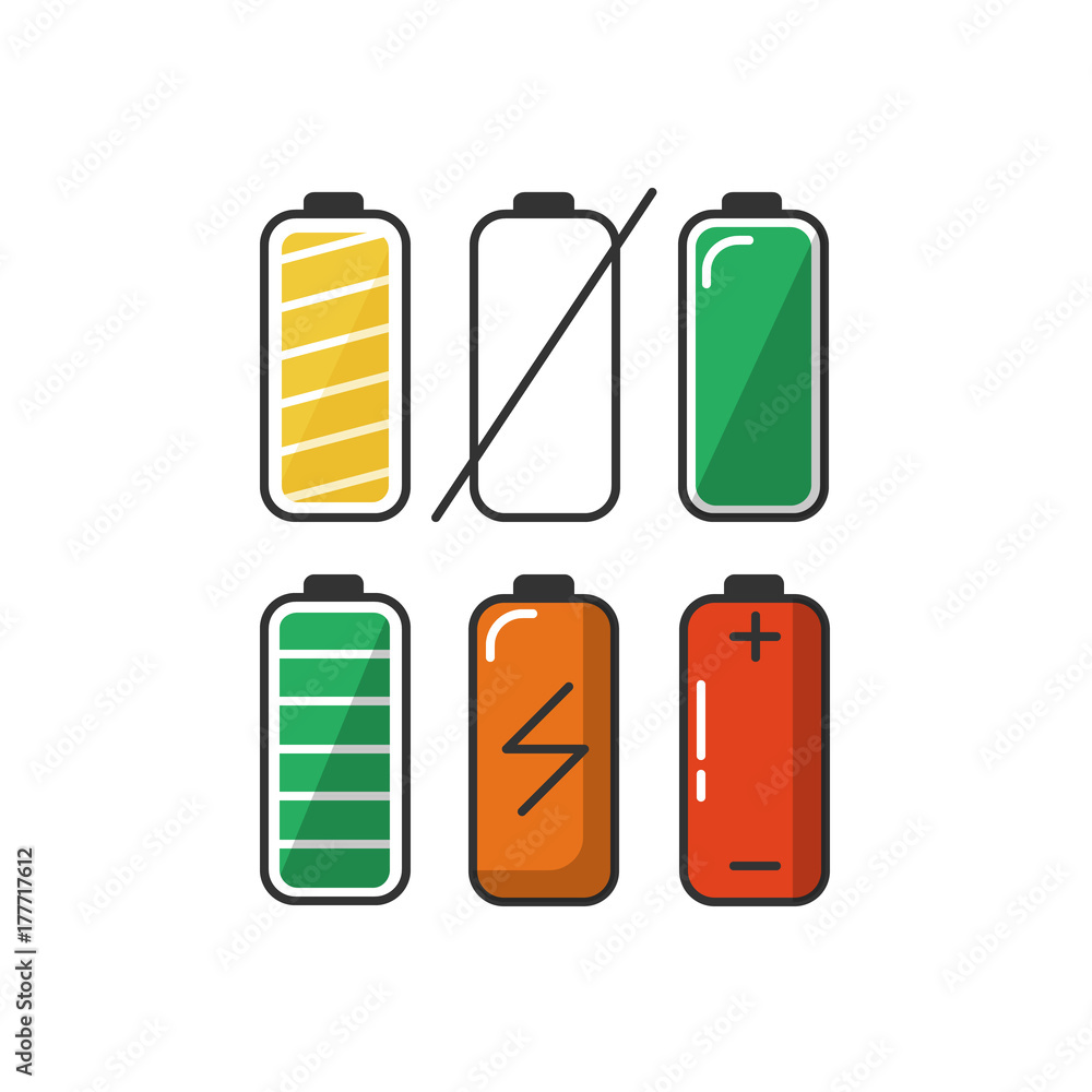 Battery icon set in flat style. Battery icon set in flat style.