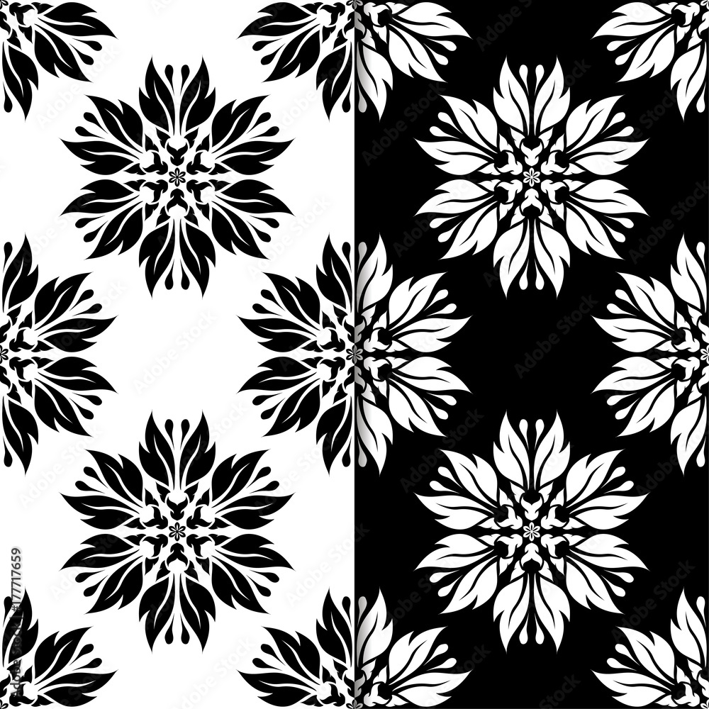 Black and white floral seamless ornaments. Set of backgrounds Black and white floral seamless ornaments. Set of backgrounds