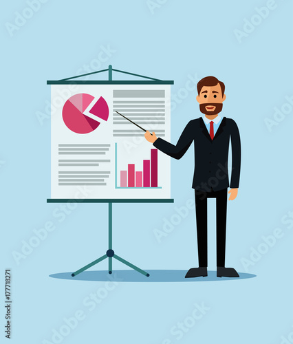 A successful businessman shows graphs and results. Vector illustration.