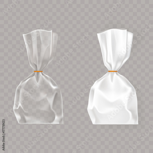 Set of realistic vector illustrations of plastic packages of white and transparent inflated with air and tied with a rope isolated on a gray background.
