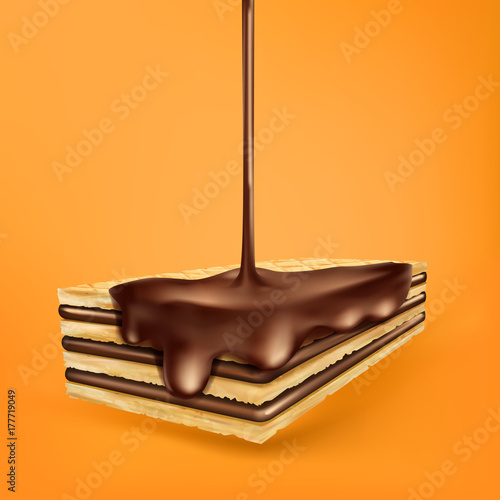 Vector realistic illustration of a waffle with chocolate filling a dairy, dark, bitter chocolate isolated on an orange background. Melted chocolate is poured onto a waffle.