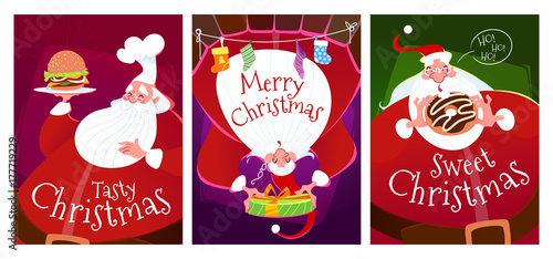 Three Christmas cards with Santa Claus.