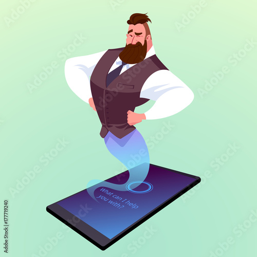 Modern smartphone with virtual assistant like a genie.
